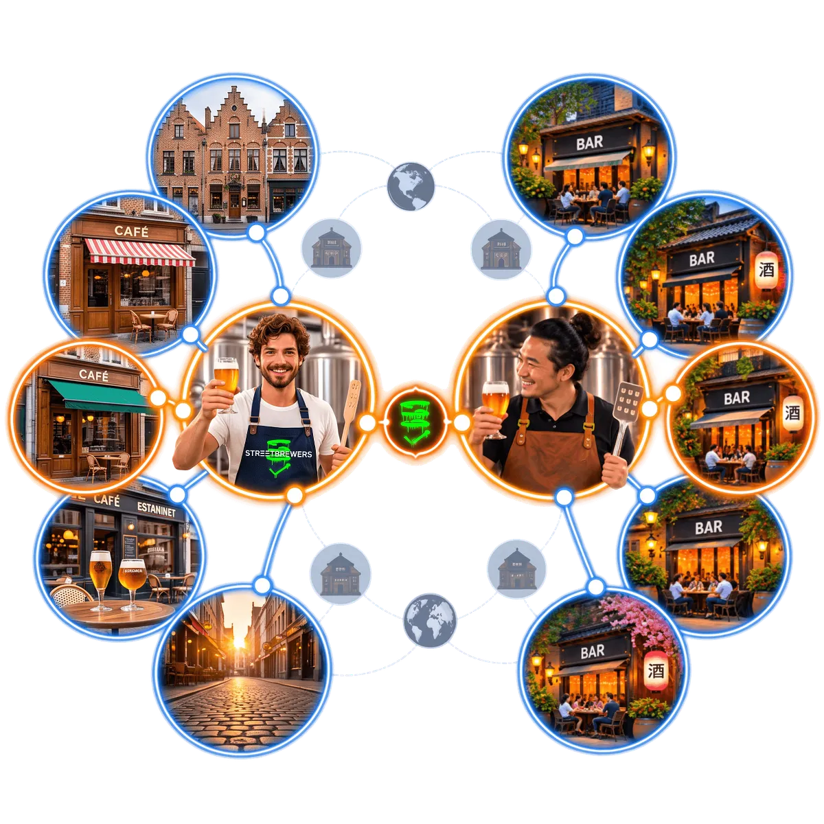 Illustration of two brewers raising a beer, a young brewer among Belgian cafés on the left and a brewer among far-away lantern-lit bars on the right, linked by the Streetbrewers tag at the centre