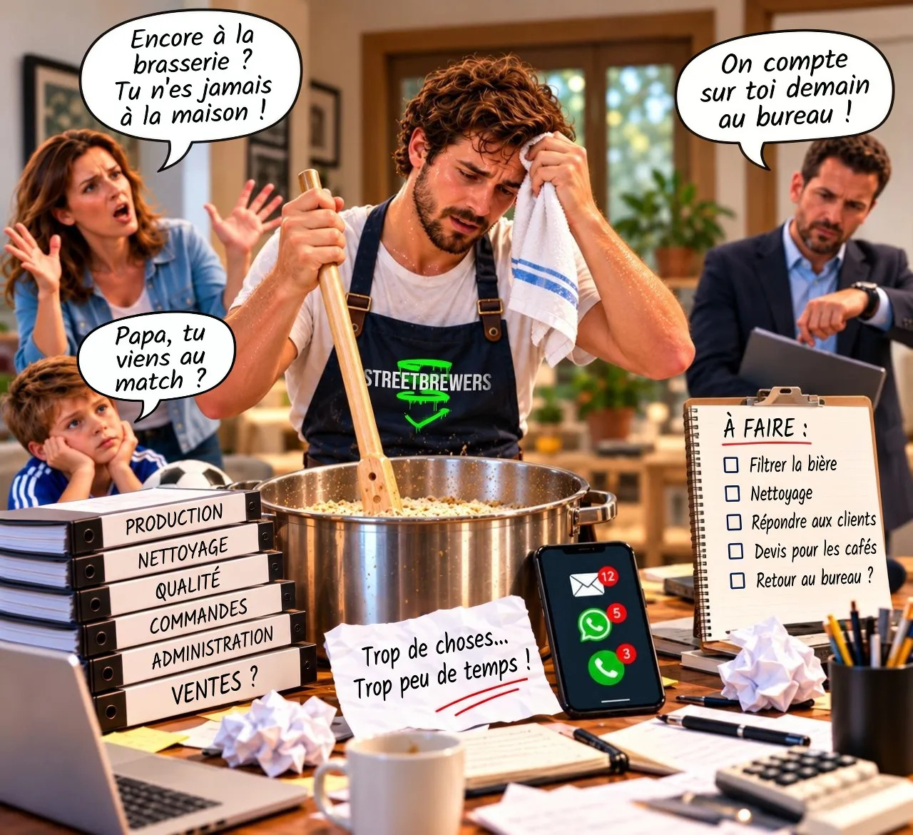 An exhausted brewer stirs a mash pot while his partner asks why he is never home, his son asks if he is coming to the game, and a colleague counts on him at the office, beside binders, a to-do list and a phone full of messages