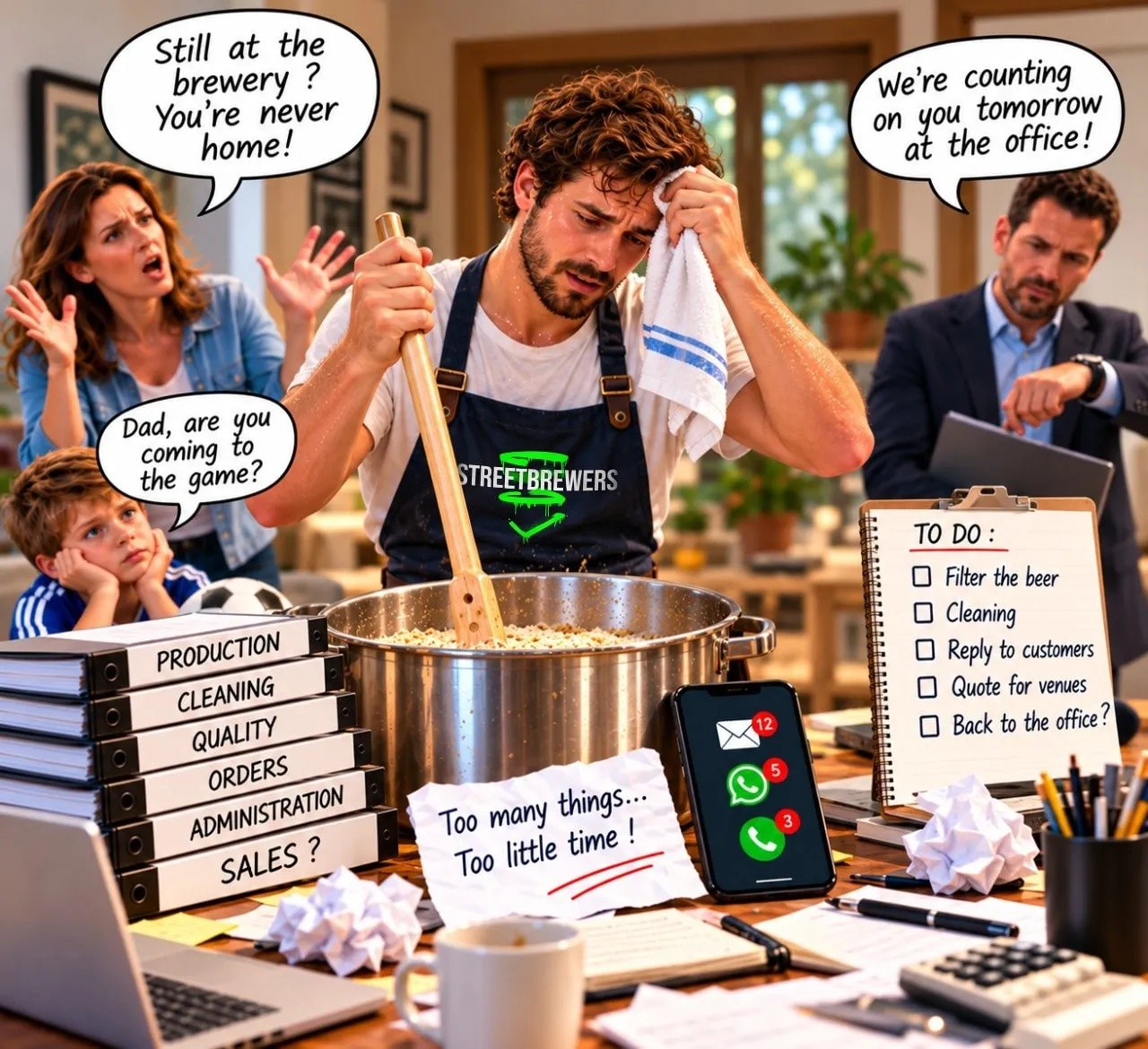 An exhausted brewer stirs a mash pot while his partner asks why he is never home, his son asks if he is coming to the game, and a colleague counts on him at the office, beside binders, a to-do list and a phone full of messages