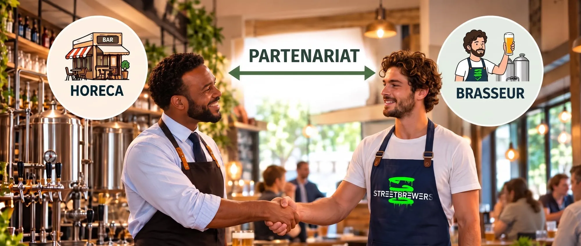 A bar owner and a young brewer in a navy Streetbrewers apron shake hands in a brewpub; an arrow labelled "Partnership" links a "Horeca" badge to a "Brewer" badge