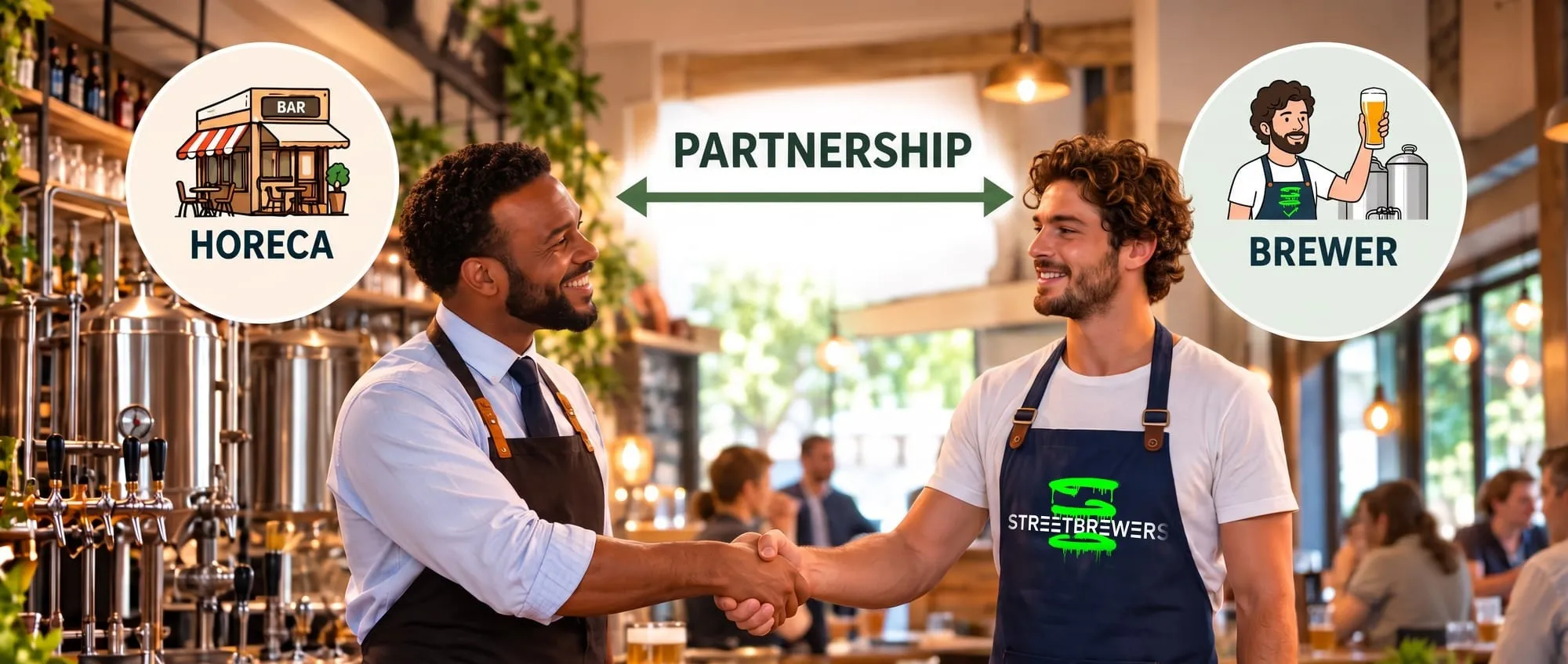 A bar owner and a young brewer in a navy Streetbrewers apron shake hands in a brewpub; an arrow labelled "Partnership" links a "Horeca" badge to a "Brewer" badge