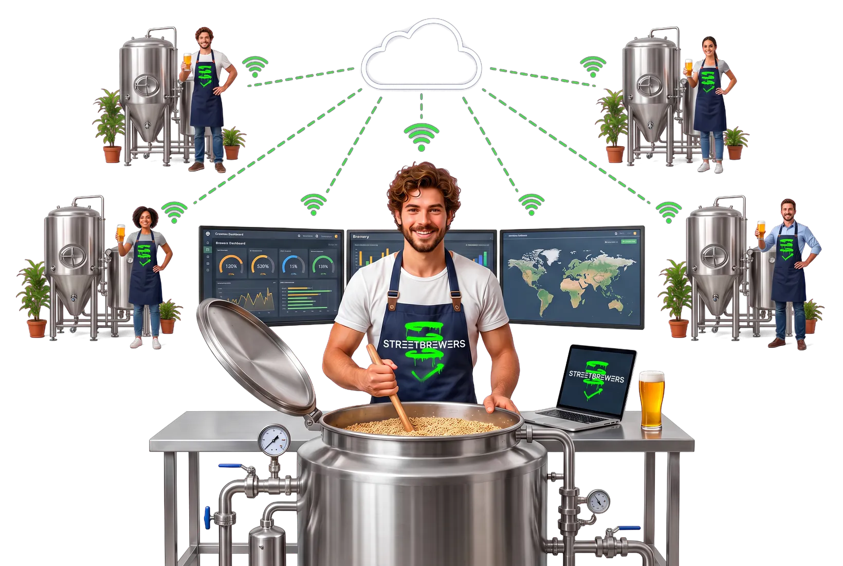 A young brewer stirs the mash at his own brewery before his control screens, linked through the cloud to four remote nano-breweries, each tended by bar staff raising a beer