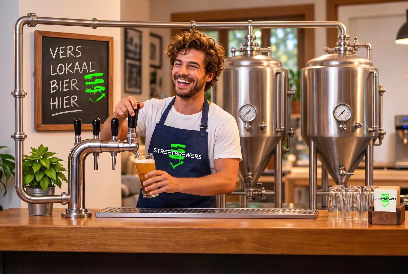 A laughing young brewer pours a fresh beer at the tap of his brewpub, two fermentation tanks behind him and a chalkboard reading "Local beer, fresh here"
