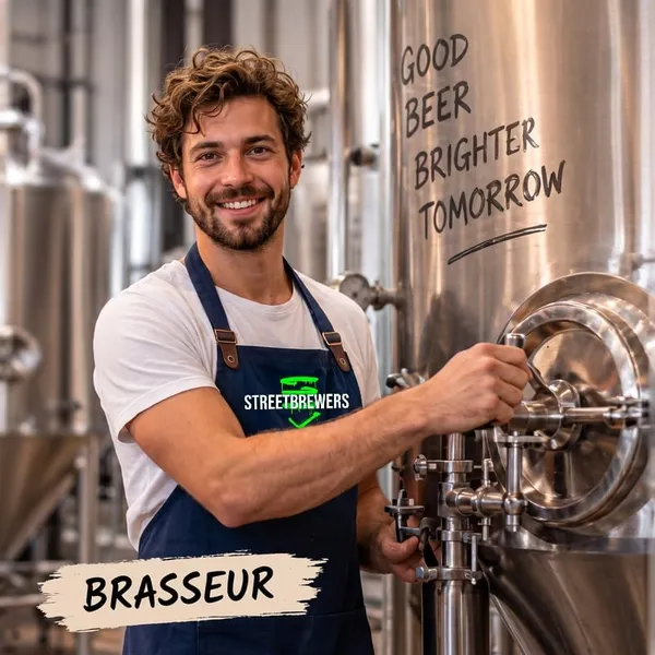 A smiling young brewer working a valve on his brewing tanks
