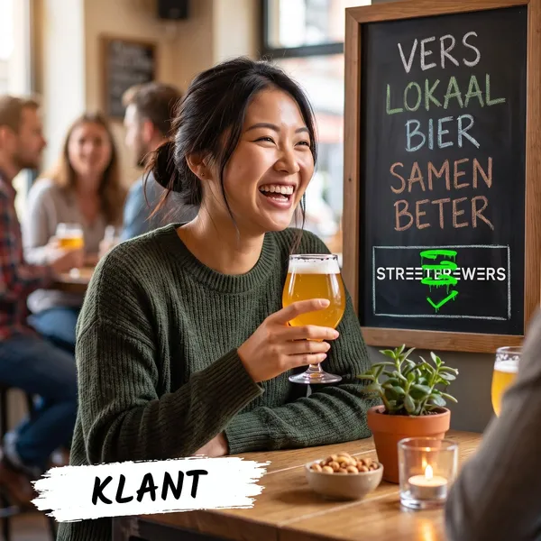 A smiling customer raises a glass of beer at a table, under a Customer label