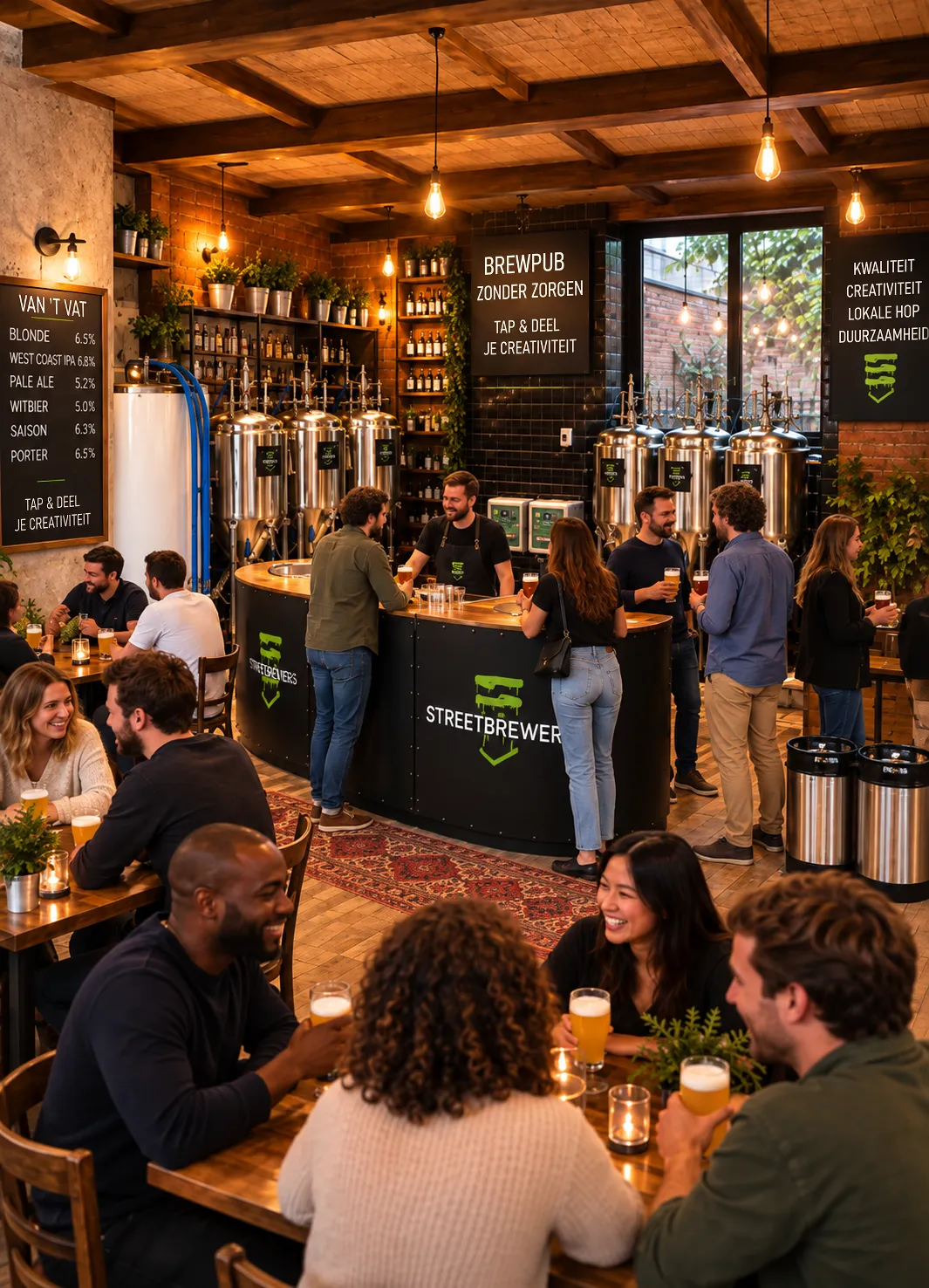 A busy brewpub: guests share beers at wooden tables in front of a bar with gleaming brewing tanks, a chalkboard of beers on tap, and signs reading "Brewpub made easy" and "Tap & share your creativity"
